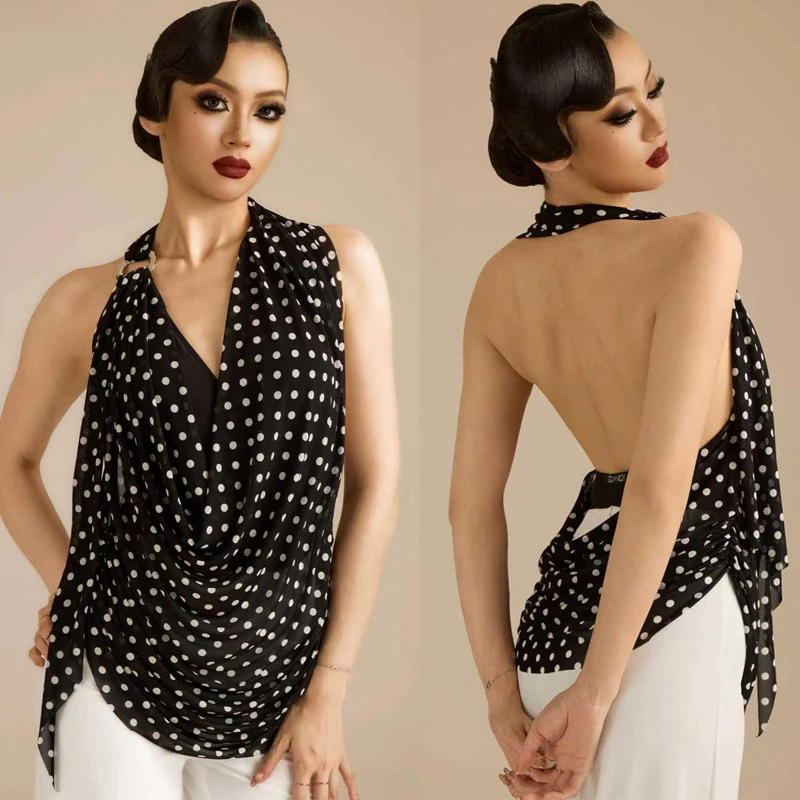 Adults Latin Dance Training Tops Women'S Ballroom Dance Performance Top Sexy Halter Polka Dot Tops Stage Dancewear SL15916
Adults Latin Dance Training Tops Women'S Ballroom Dance Performance Top Sexy Halter Polka Dot Tops Stage Dancewear SL15916