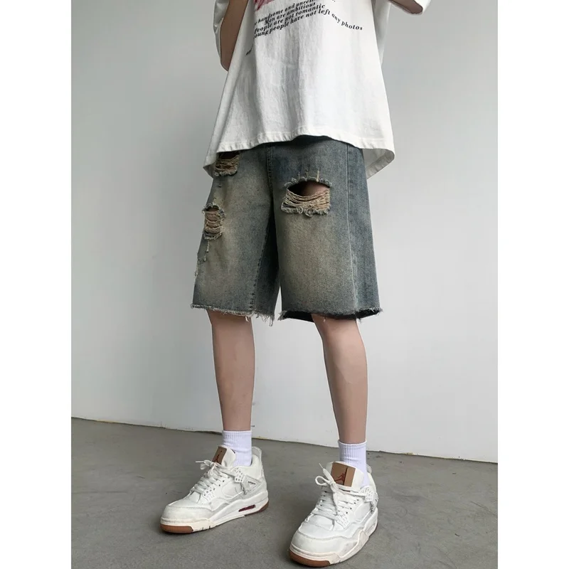 Retro Washed Men's Summer Denim Shorts with Hole Design Hip Hop Style Casual Loose Fit Straight Leg Short Pants
Retro Washed Men's Summer Denim Shorts with Hole Design Hip Hop Style Casual Loose Fit Straight Leg Short Pants