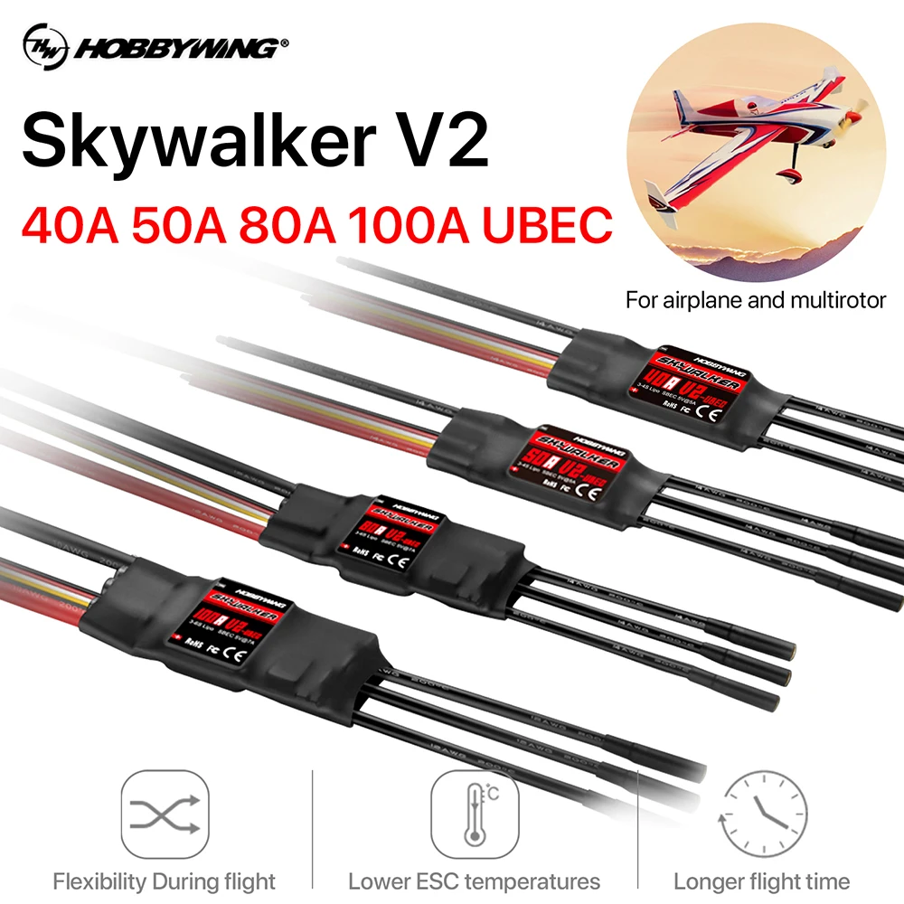 Бесщеточный Регулятор Скорости Hobbywing Skywalker 40A 50A 80A 100A V2 ESC BEC с обратным разрывом для радиоуправляемого неподвижного крыла