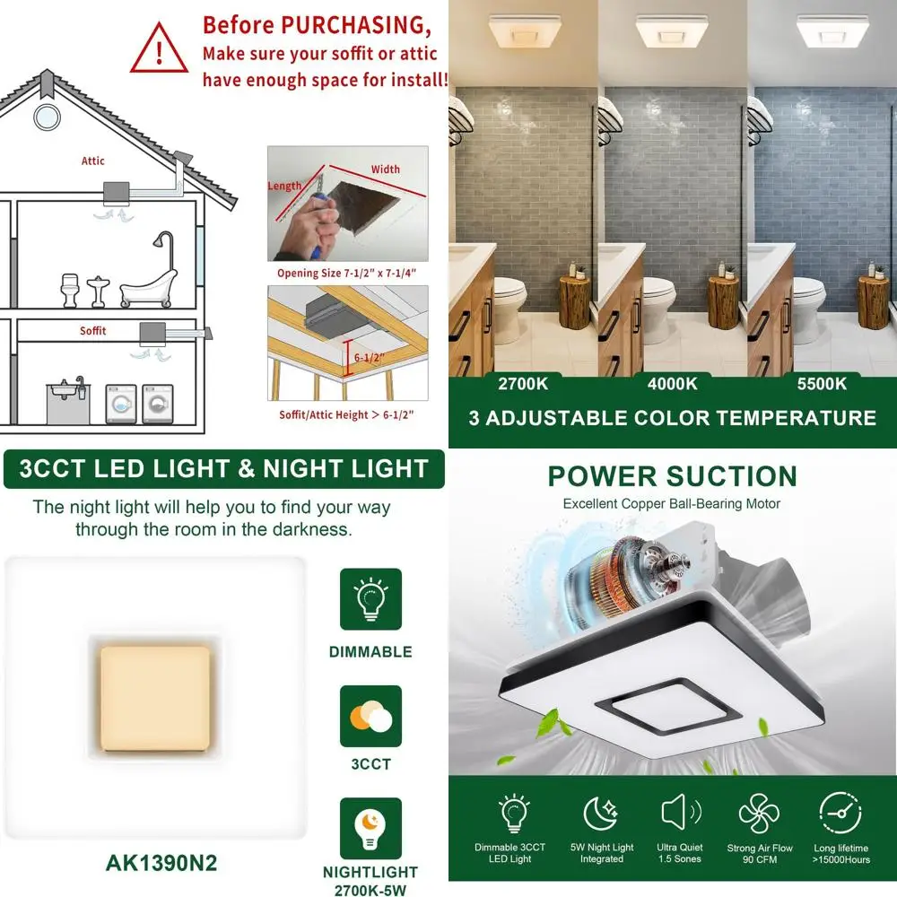 90cm 1.5 Sones Square LED Bath Light with 3CCT, 15W Dimmable and 5W Night Light Ventilation Combo
90cm 1.5 Sones Square LED Bath Light with 3CCT, 15W Dimmable and 5W Night Light Ventilation Combo