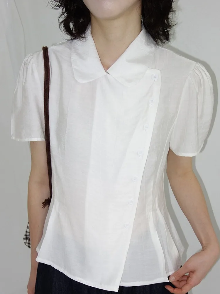 Chic Sweetened White Shirt Korean Style Waist-Cinching Bubble Sleeve Doll Collar Women's Summer New Arrival Top
Chic Sweetened White Shirt Korean Style Waist-Cinching Bubble Sleeve Doll Collar Women's Summer New Arrival Top
