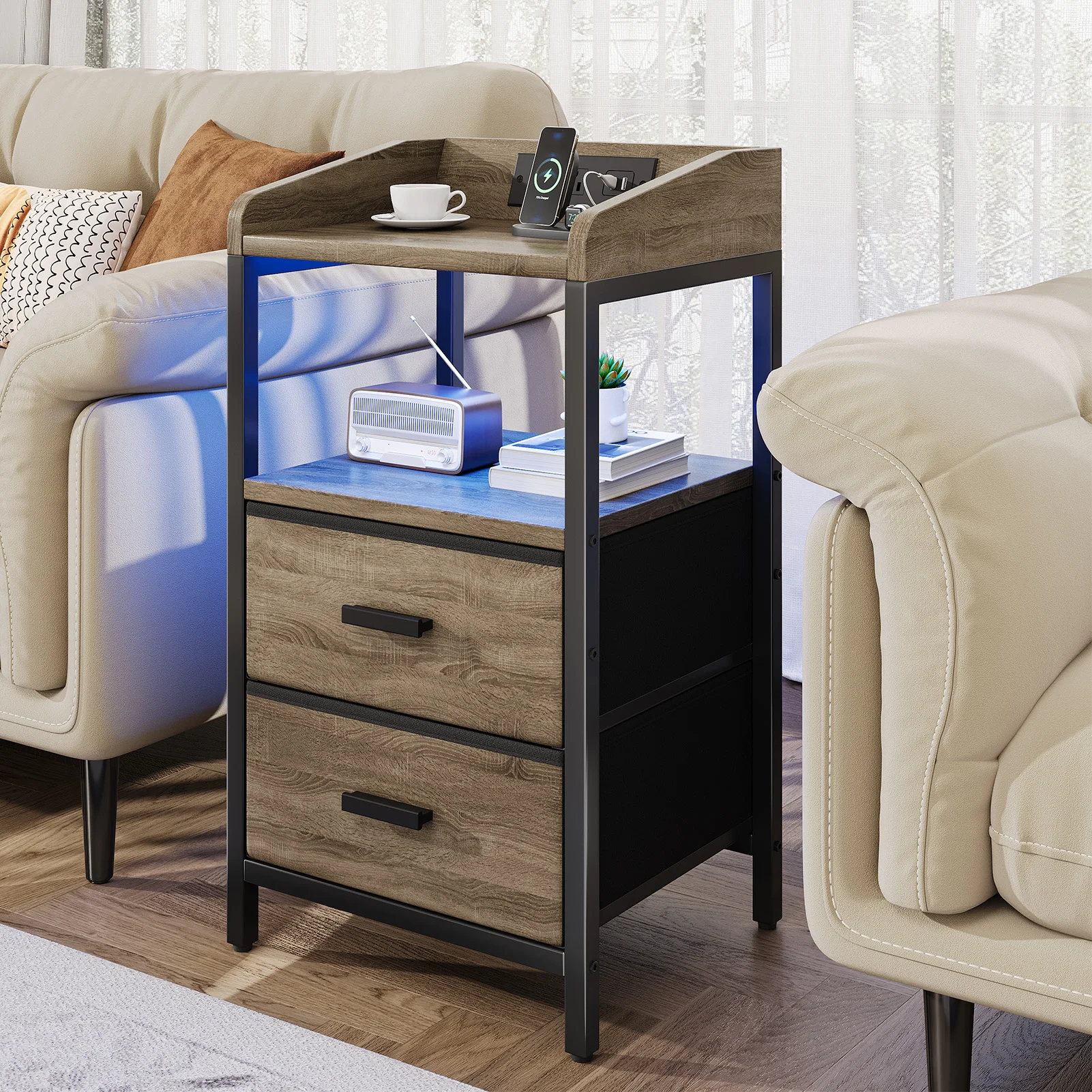Bedside Desk Nightstand with Charging Station USB Ports AC Outlet End Side Table with Guardrail Storage Shelf 2 Fabric Drawers
Bedside Desk Nightstand with Charging Station USB Ports AC Outlet End Side Table with Guardrail Storage Shelf 2 Fabric Drawers