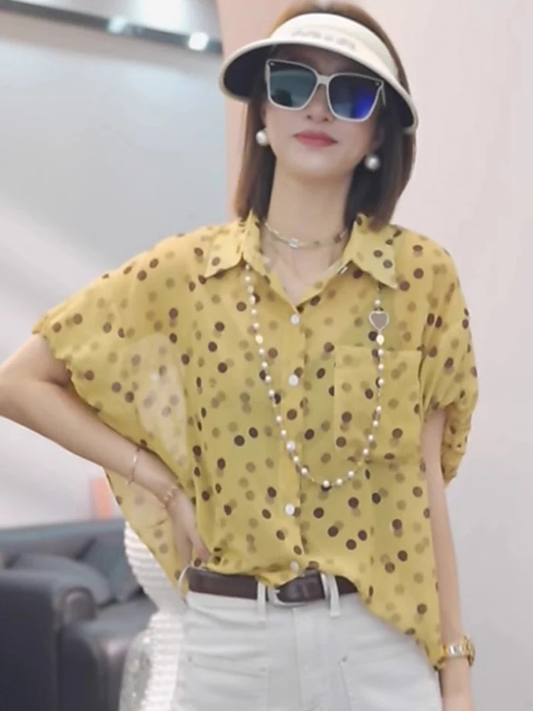 Casual Summer Polka Dot Chiffon irt ort Sve Single Button Korean Sle Loose Fit Collar Top Age Reducing Slimming
Casual Summer Polka Dot Chiffon irt ort Sve Single Button Korean Sle Loose Fit Collar Top Age Reducing Slimming