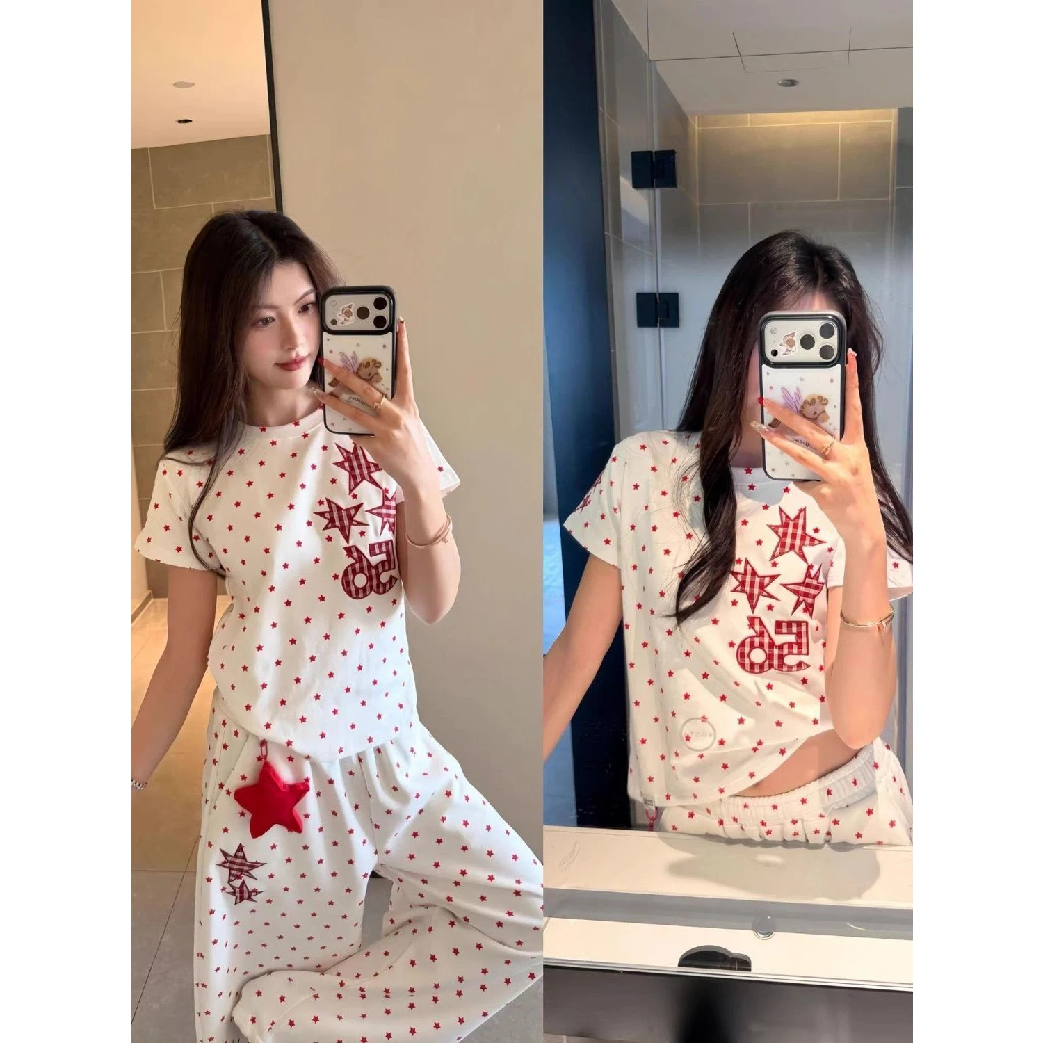 American Retro Cool Casual Sportswear Set Women Summer Star Print Short Sleeve Wide Leg Pants Loose Two Piece Set
American Retro Cool Casual Sportswear Set Women Summer Star Print Short Sleeve Wide Leg Pants Loose Two Piece Set