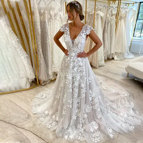 VIKTORIA-Robe de Mariée Vintage à Col en V pour Femme, Dos aux, Manches Cape, Balayage Traîne Plissée, Personnalisée