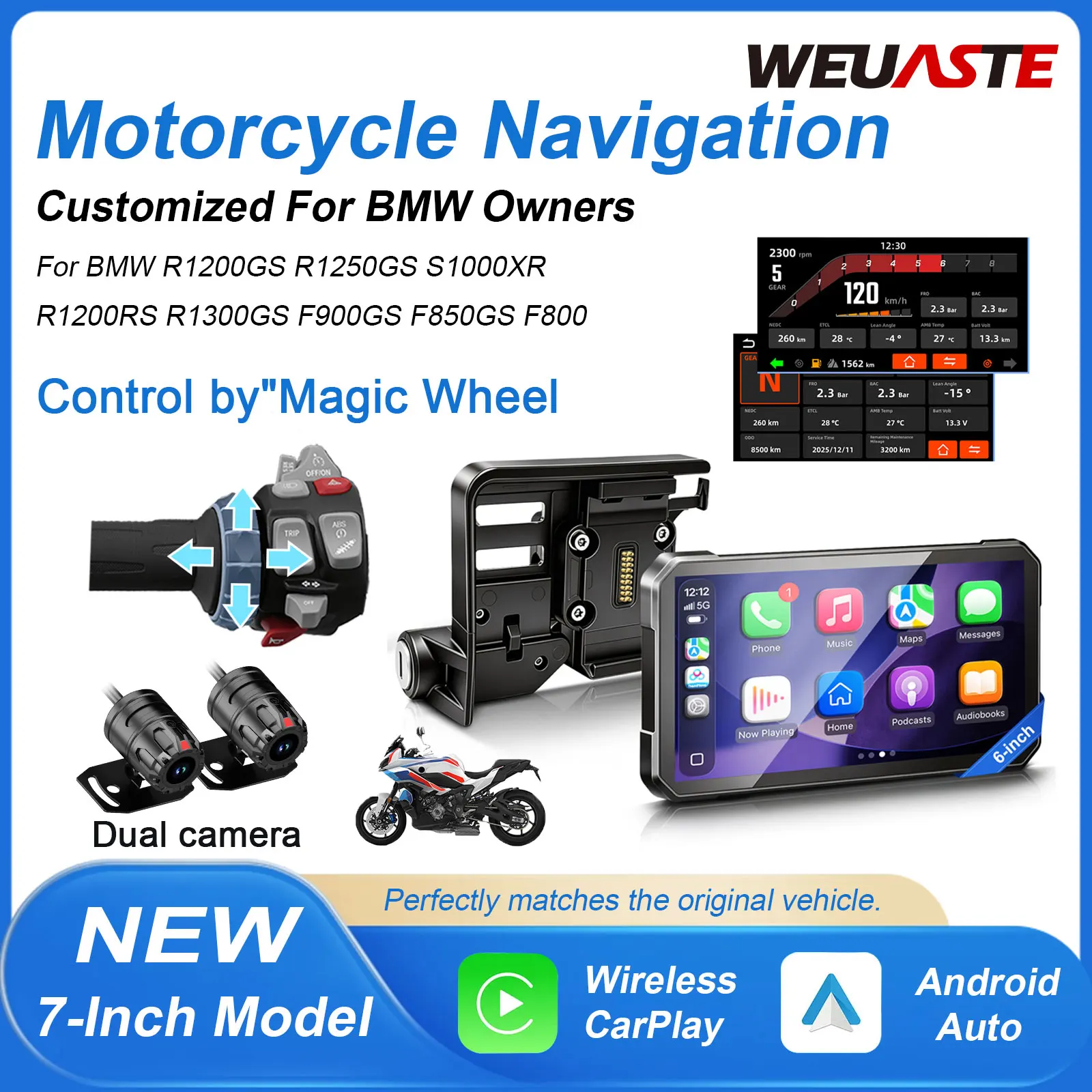 WUEASTE 6 inch Motorcycle GPS Navigation Carplay Android Auto Dashcam For BMW R1200GS R1250GS S1000XR R1300GS
WUEASTE 6 inch Motorcycle GPS Navigation Carplay Android Auto Dashcam For BMW R1200GS R1250GS S1000XR R1300GS