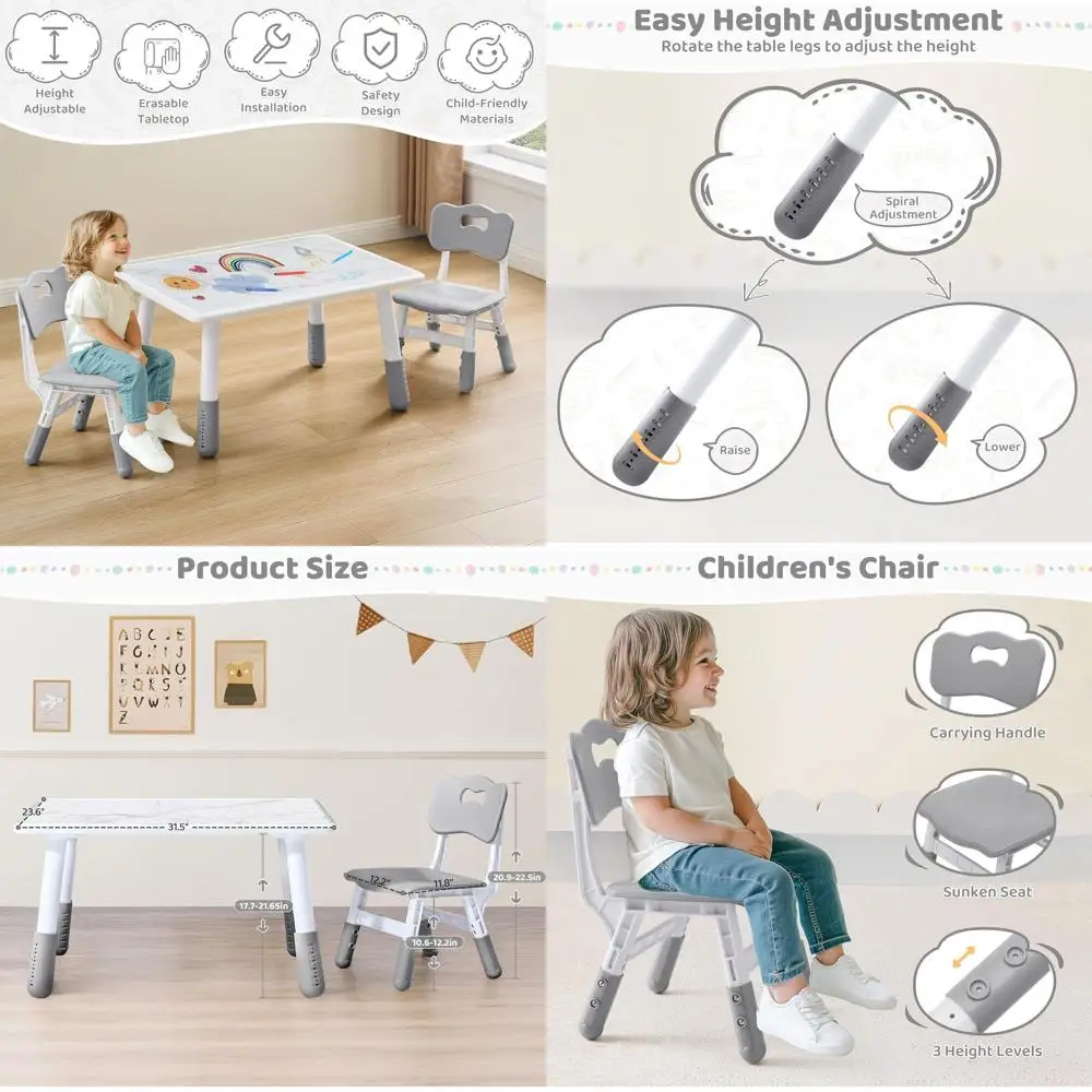 Height-Adjustable Play Desk Set with 2 Chairs, Multi-Activity Design for Kids, Suitable for Home, Daycare, and Kindergarten
Height-Adjustable Play Desk Set with 2 Chairs, Multi-Activity Design for Kids, Suitable for Home, Daycare, and Kindergarten