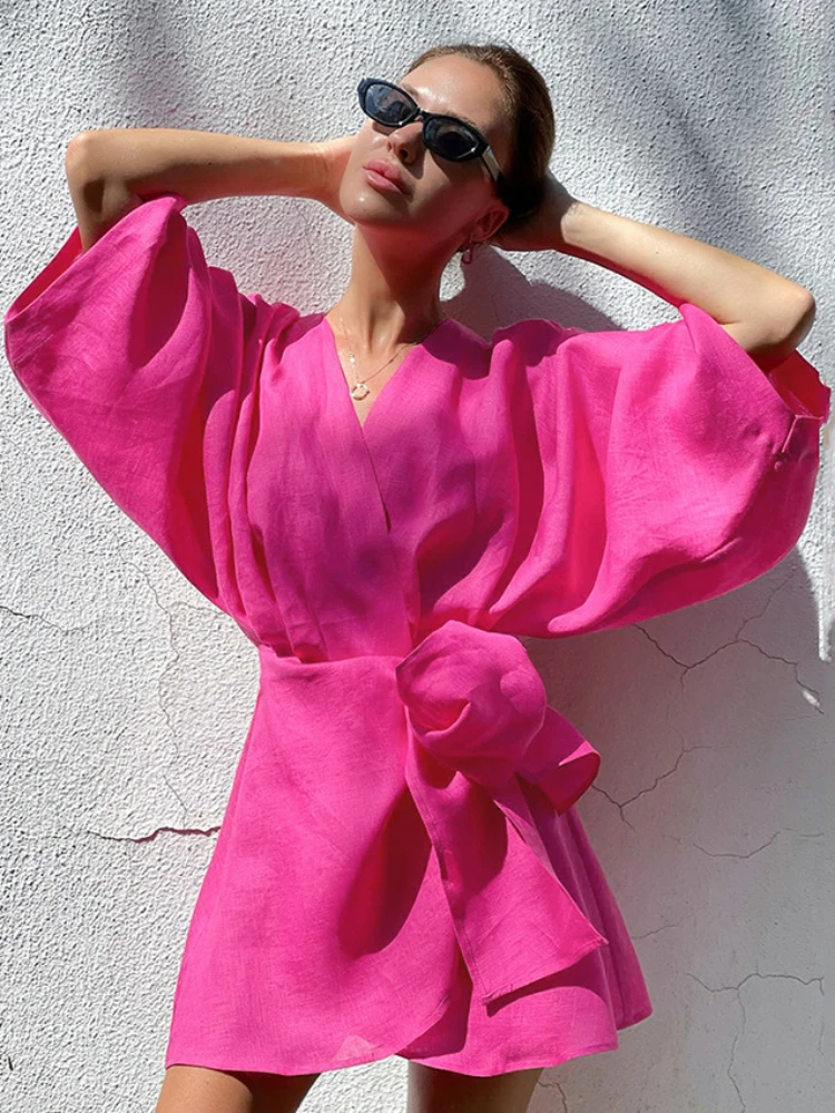 Cotton Linen Beach Dresses Hot Pink Loose Casual Dress Short Sleeve Dresses Women Holiday Breathable V-neck 2024 Summer Dress
Cotton Linen Beach Dresses Hot Pink Loose Casual Dress Short Sleeve Dresses Women Holiday Breathable V-neck 2024 Summer Dress
