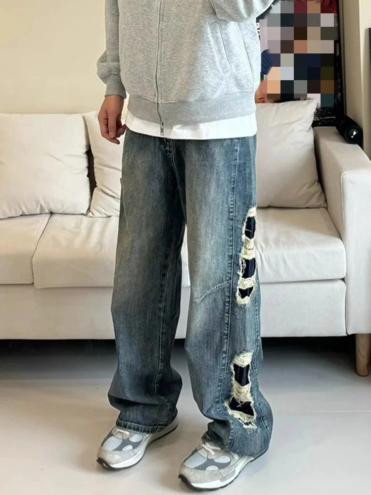 Women's Side Patchwork Hole Design Straight Jeans Vintage Denim Pants High Waisted Casual Y2k Streetwear Cool Girl Vibe Trouser
Women's Side Patchwork Hole Design Straight Jeans Vintage Denim Pants High Waisted Casual Y2k Streetwear Cool Girl Vibe Trouser