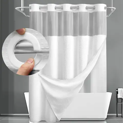 1pc No Hook Shower Curtain with Snap in Fabric Liner Set Less Time White Waffle Shower Curtain for Bathroom 74' L X 71' W