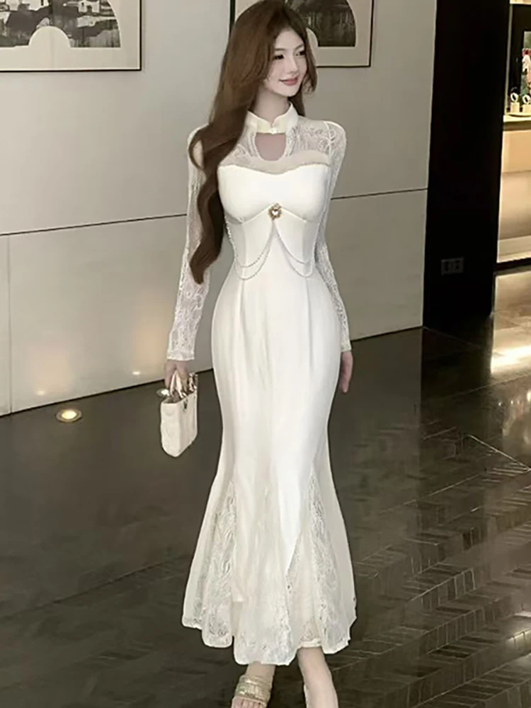 2025 White Patchwork Lace Hollow Out Sexy Long Dress Autumn Winter Elegant Diamonds Luxury Dress Women Korean Bodycon Prom Dress
2025 White Patchwork Lace Hollow Out Sexy Long Dress Autumn Winter Elegant Diamonds Luxury Dress Women Korean Bodycon Prom Dress