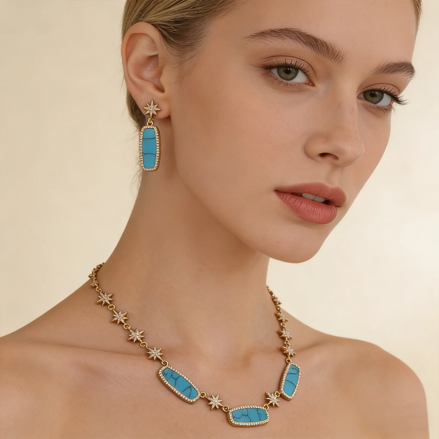 Elegant Turquoise & CZ Star Necklace and Earrings Set - 18K Gold Plated Bohemian Jewelry for Women Daily Wear
Elegant Turquoise & CZ Star Necklace and Earrings Set - 18K Gold Plated Bohemian Jewelry for Women Daily Wear