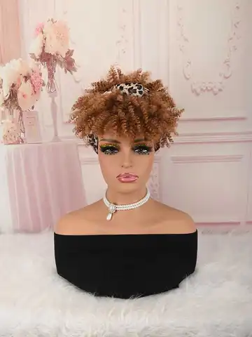Ginger Brown Afro Puff Turban Headband Wig with Leopard Heat Resistant Kinky Curly Synthetic Wig for Daily Party Quick Styling