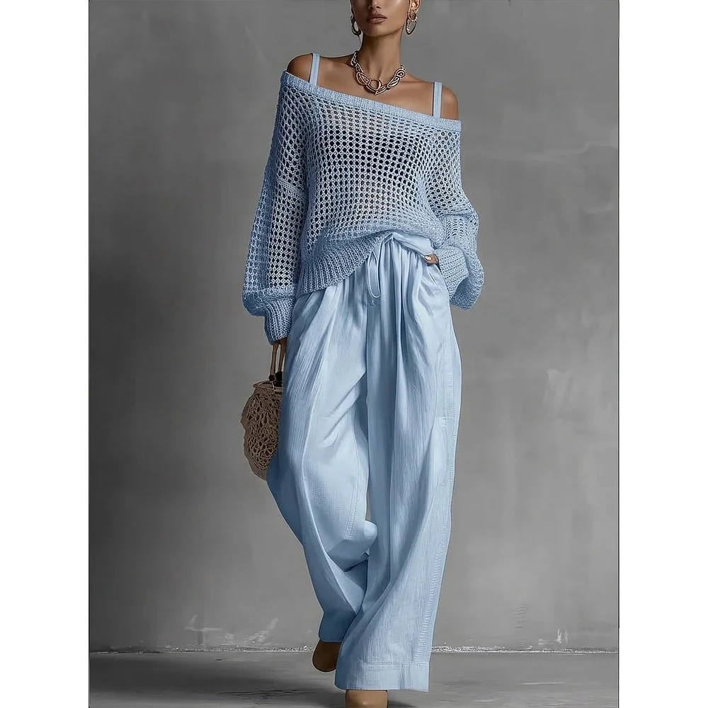 Women's Comfortable Knitted Hollow out Top And Linen Pants Set Long Sleeve Four Seasons Universal Fashion Set Polyester Fabric
Women's Comfortable Knitted Hollow out Top And Linen Pants Set Long Sleeve Four Seasons Universal Fashion Set Polyester Fabric