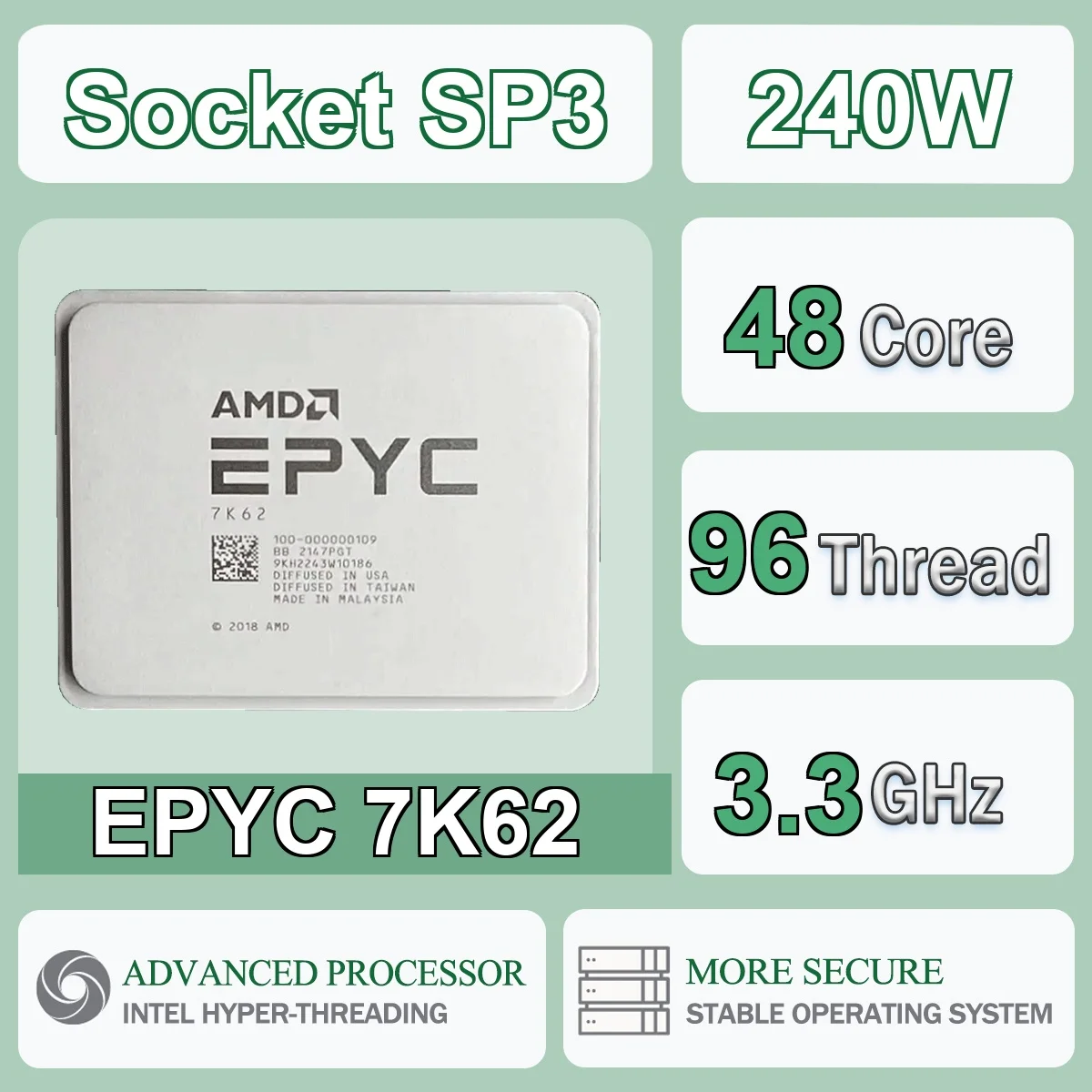 AMD EPYC 7K62 48-Core 96-Thread 7NM 2.6Hz/3.3GHz L3=192MB 240W CPU Gaming Processor Socket SP3 DDR4 NEW No Cooler No Fan
AMD EPYC 7K62 48-Core 96-Thread 7NM 2.6Hz/3.3GHz L3=192MB 240W CPU Gaming Processor Socket SP3 DDR4 NEW No Cooler No Fan
