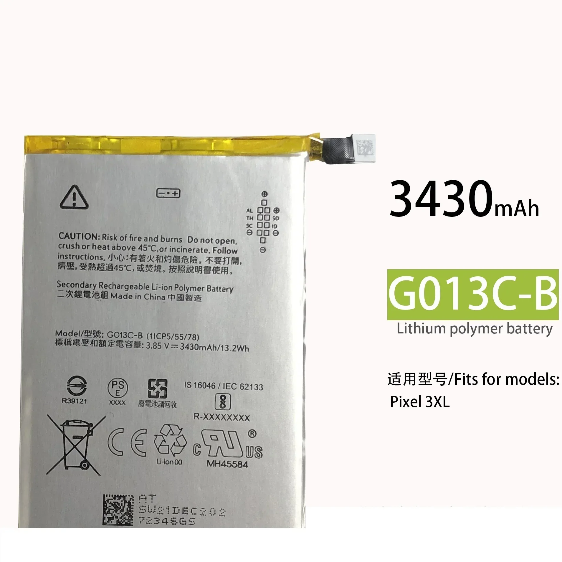 3430mAh / 13.20Wh G013C-B Phone Replacement NFC Battery For HTC Google Pixel 3 XL 3XL Batteries + Repair Tool Kits
3430mAh / 13.20Wh G013C-B Phone Replacement NFC Battery For HTC Google Pixel 3 XL 3XL Batteries + Repair Tool Kits