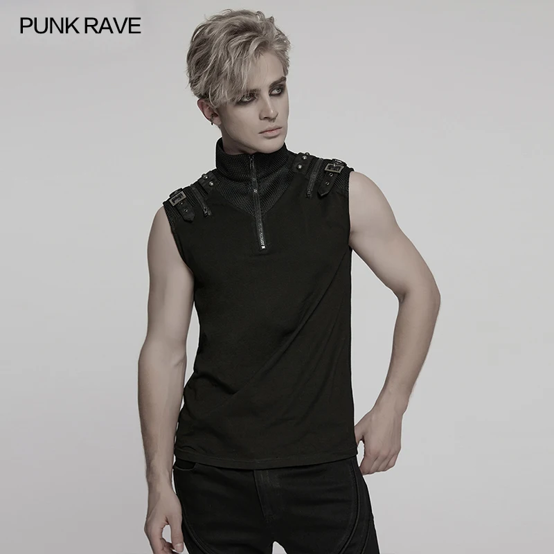 PUNK RAVE Men's Punk Simple Stand Up Collar T-shirt Elastic Shoulder Metal Decoration Handsome Cool Tops Streetwear Summer
PUNK RAVE Men's Punk Simple Stand Up Collar T-shirt Elastic Shoulder Metal Decoration Handsome Cool Tops Streetwear Summer