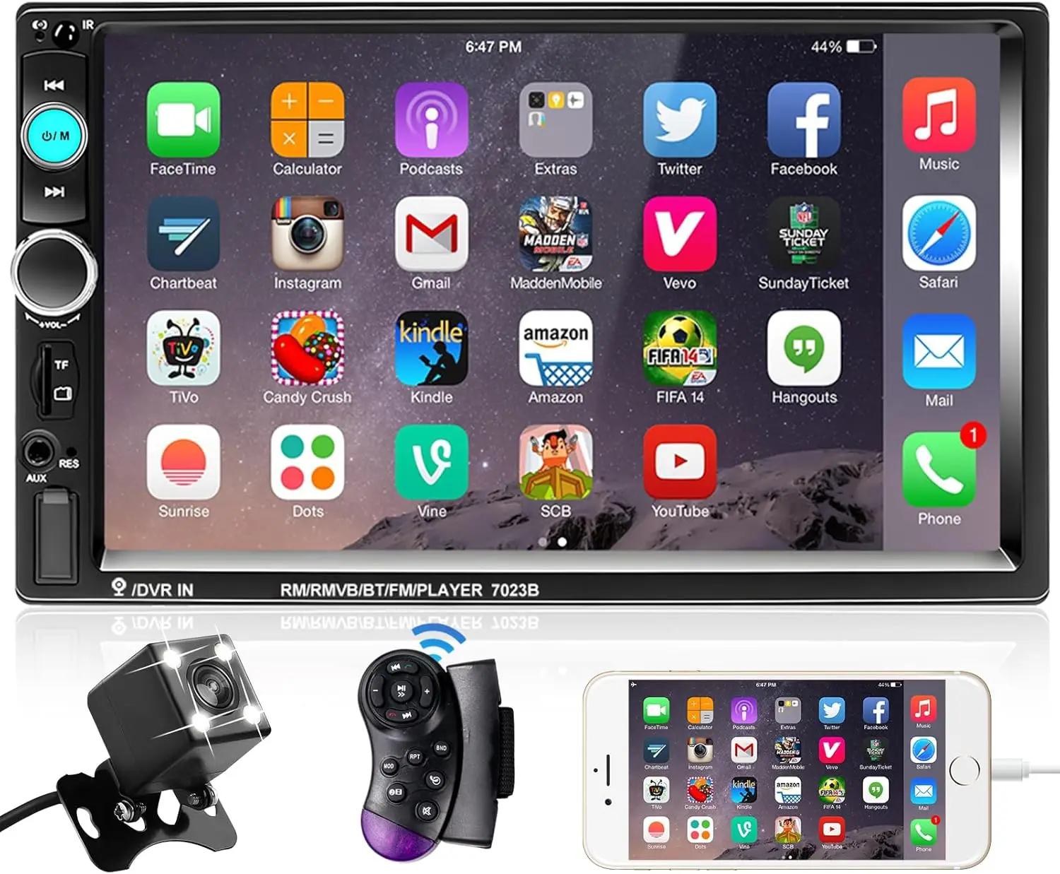 7-дюймовая автомобильная стереосистема с Bluetooth, зеркальным звеном, USB, FM, резервной камерой и управлением на руле
7-дюймовая автомобильная стереосистема с Bluetooth, зеркальным звеном, USB, FM, резервной камерой и управлением на руле