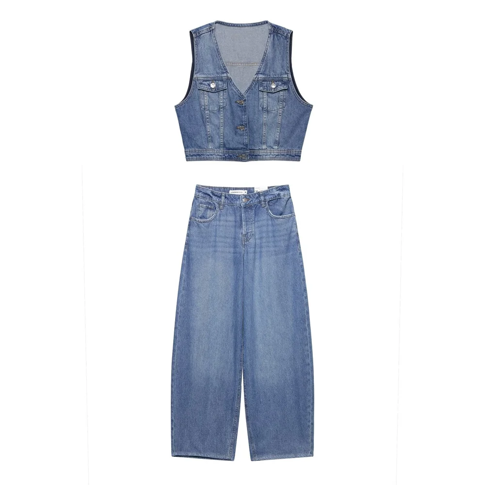 2025 Women's Light Denim Suit Summer Sleeveless Cropped Button-Front Vest And High-Waisted Wide Leg Denim Pants 2 Piece Set
2025 Women's Light Denim Suit Summer Sleeveless Cropped Button-Front Vest And High-Waisted Wide Leg Denim Pants 2 Piece Set