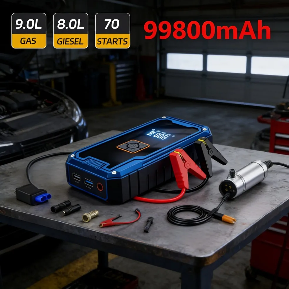 Car Jumper Starter with Air Compressor, 99800mAh Car Battery Jumper Starter,12V Portable Jump Box with Flashlight & Jumper Cable
Car Jumper Starter with Air Compressor, 99800mAh Car Battery Jumper Starter,12V Portable Jump Box with Flashlight & Jumper Cable
