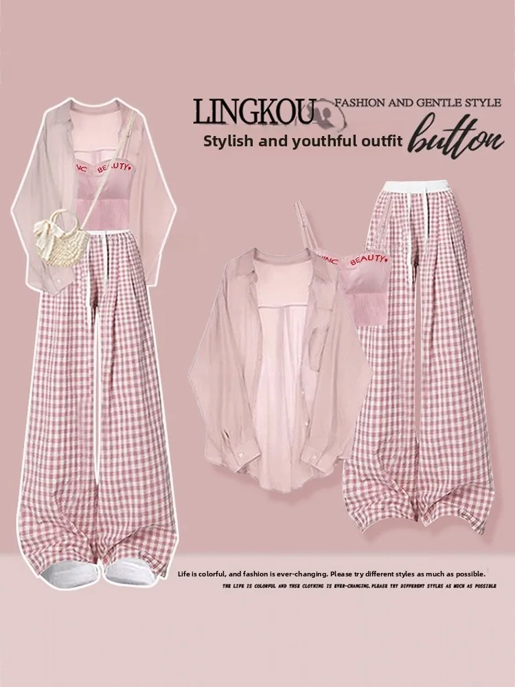 Summer Large Size Dopaamine Set Women's New Style Sunscreen Shirt Strap Plaid Sports Wide Leg Pants Three Piece Set
Summer Large Size Dopaamine Set Women's New Style Sunscreen Shirt Strap Plaid Sports Wide Leg Pants Three Piece Set