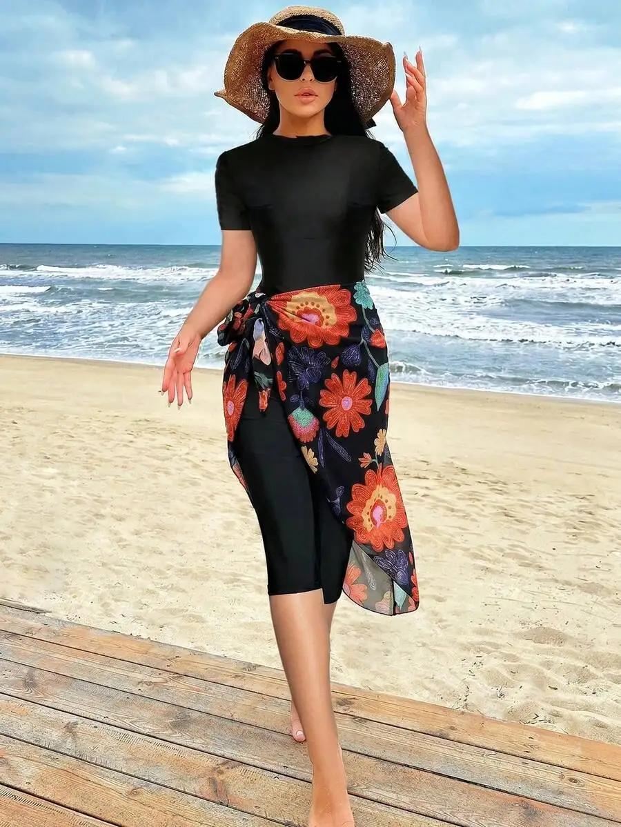 Women Floral Print Round Neck Short Sleeve Top And Shorts With Wrap Skirt
Women Floral Print Round Neck Short Sleeve Top And Shorts With Wrap Skirt