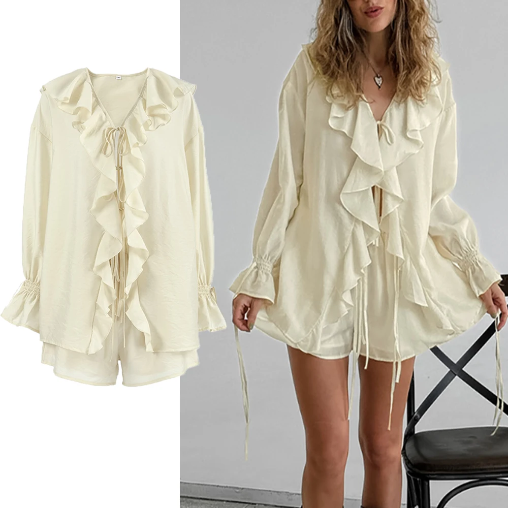 DriftWear Women 2025 Ruffle Trim Tie-Front Lounge Set Summer Casual 2PCS Outfit Cropped Cardigan Shorts Y2K Aesthetic Loungewear
DriftWear Women 2025 Ruffle Trim Tie-Front Lounge Set Summer Casual 2PCS Outfit Cropped Cardigan Shorts Y2K Aesthetic Loungewear