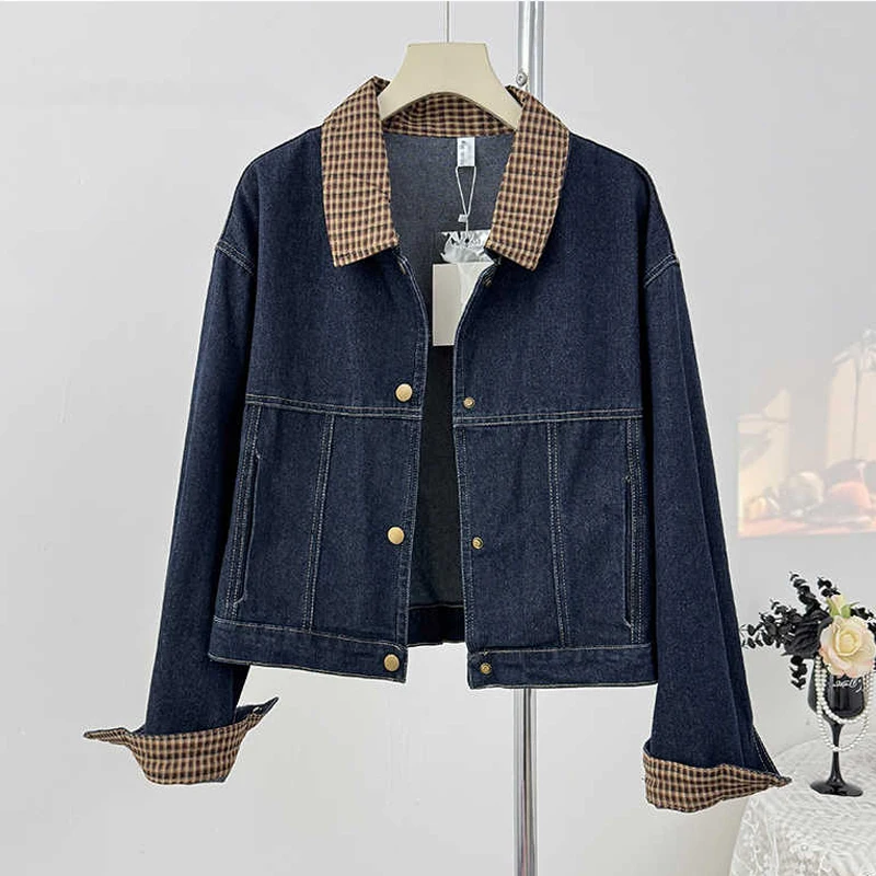 Women's Denim Jacket Fashion Design Contrasting Color Plaid Lapel Coats Spring Autumn Single-breasted Loose Top 2025 New
Women's Denim Jacket Fashion Design Contrasting Color Plaid Lapel Coats Spring Autumn Single-breasted Loose Top 2025 New