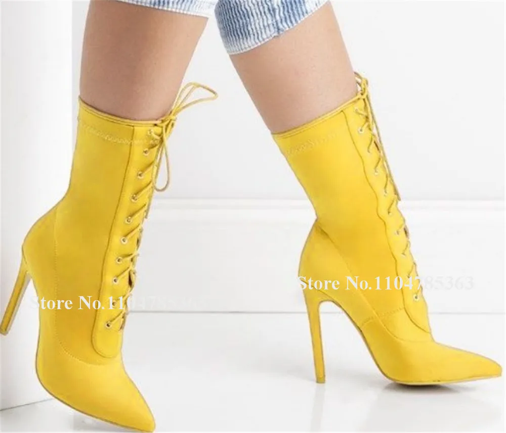 Sexy Fashion Yellow Stiletto Heel Short Boots Pointed Toe Lace-up Thin Heel Ankle Booties Big Size Heels
Sexy Fashion Yellow Stiletto Heel Short Boots Pointed Toe Lace-up Thin Heel Ankle Booties Big Size Heels
