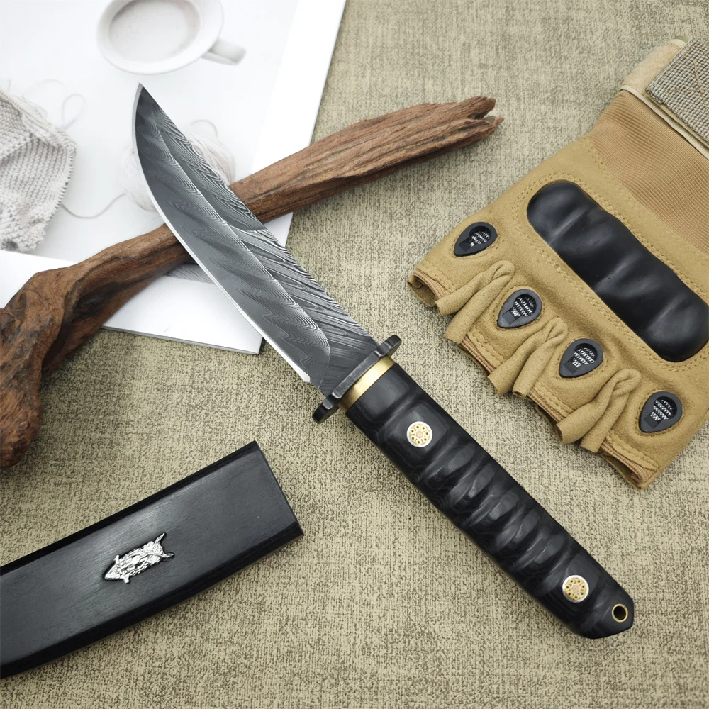 Damascus Blade Ebony Handles Tactical Hunting Knife with Wood Sheath, Self Defense Tools, Camping EDC Christmas Gift with Box
Damascus Blade Ebony Handles Tactical Hunting Knife with Wood Sheath, Self Defense Tools, Camping EDC Christmas Gift with Box