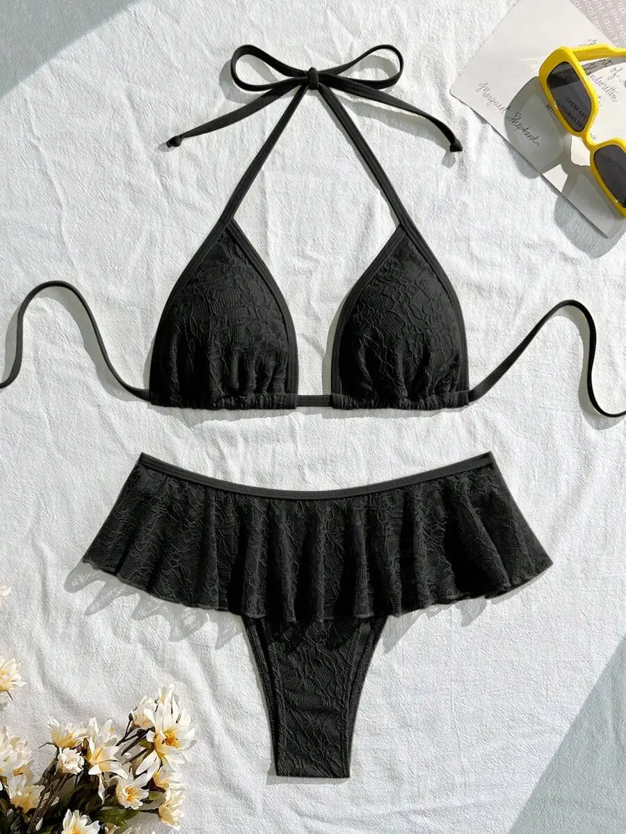 Black Lace Halter Triangle Bikini Set With Ruffled Bottom For Women
Black Lace Halter Triangle Bikini Set With Ruffled Bottom For Women
