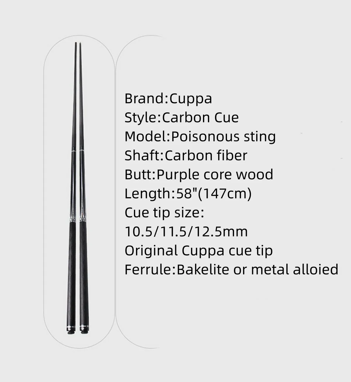 Cuppa Poisonous Sting Carbon Fiber Billiard Pool Cue Stick 10.5mm/11.5mm/12.5mm
Cuppa Poisonous Sting Carbon Fiber Billiard Pool Cue Stick 10.5mm/11.5mm/12.5mm