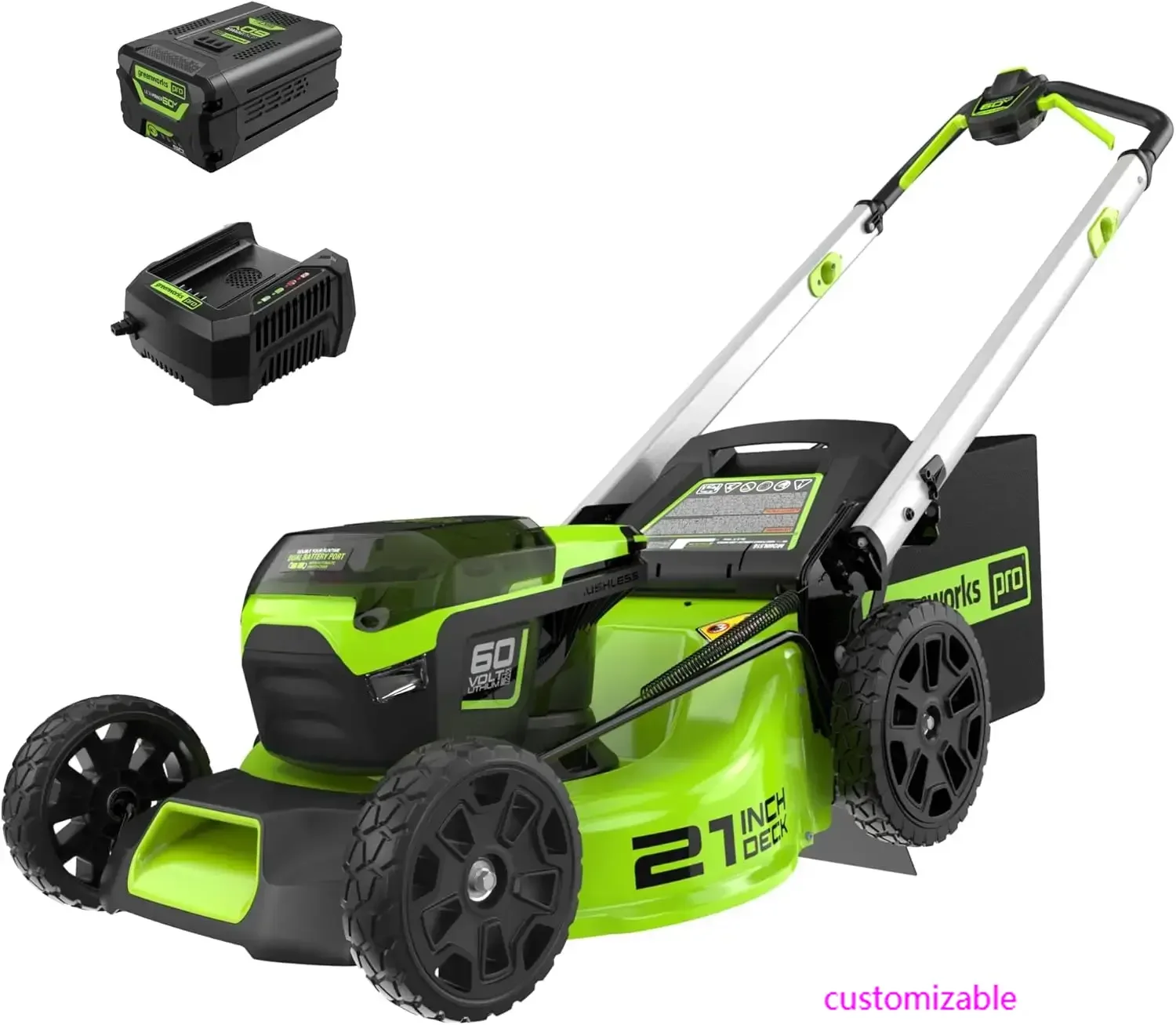 60V 21” Cordless (Push) Lawn Mower (LED Lights + Aluminum Handles), 5.0Ah Battery and Rapid Charger 
60V 21” Cordless (Push) Lawn Mower (LED Lights + Aluminum Handles), 5.0Ah Battery and Rapid Charger