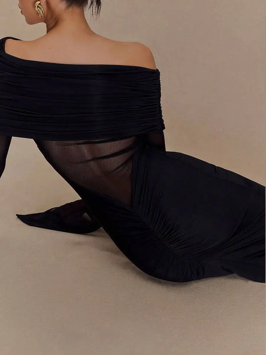Women Off Shoulder Pleated Sheer Mesh Long Dress Elegant Black
Women Off Shoulder Pleated Sheer Mesh Long Dress Elegant Black