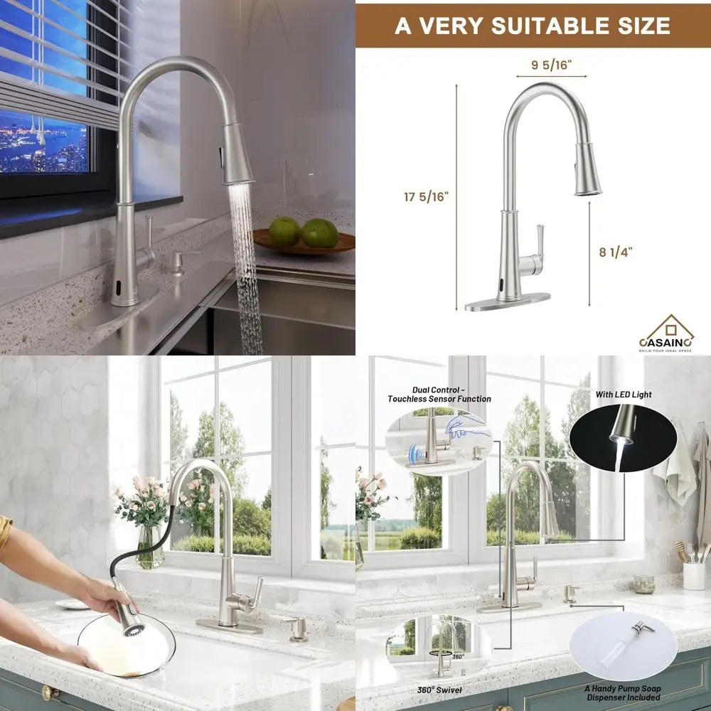 Бесконтактный кухонный смеситель с датчиком движения, выдвижным распылителем и светодиодной подсветкой, включая дозатор мыла для улучшенной функциональной раковины
Бесконтактный кухонный смеситель с датчиком движения, выдвижным распылителем и светодиодной подсветкой, включая дозатор мыла для улучшенной функциональной раковины