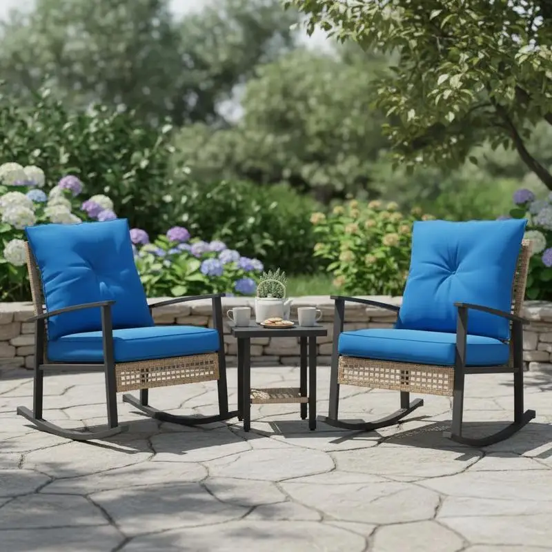 3 Pieces Bistro Set, Patio Wicker Furniture Set with Button Tufted Cushions, Rattan Rocking Chairs, Coffee Table, Blue
3 Pieces Bistro Set, Patio Wicker Furniture Set with Button Tufted Cushions, Rattan Rocking Chairs, Coffee Table, Blue