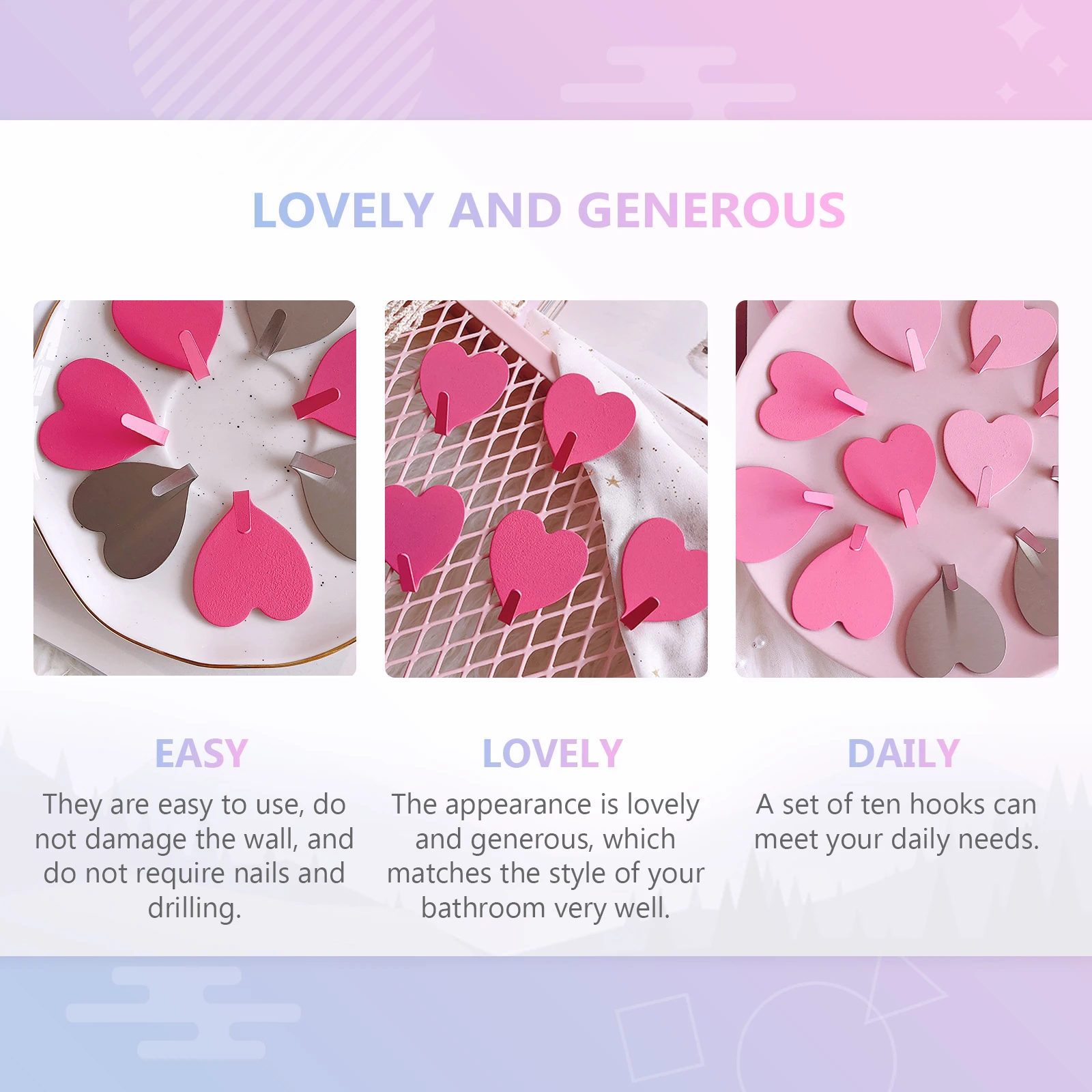 10Pcs Heart-Shaped Hooks Stainless Steel Bathroom Wall Hanger -Lasting No Drilling
10Pcs Heart-Shaped Hooks Stainless Steel Bathroom Wall Hanger -Lasting No Drilling