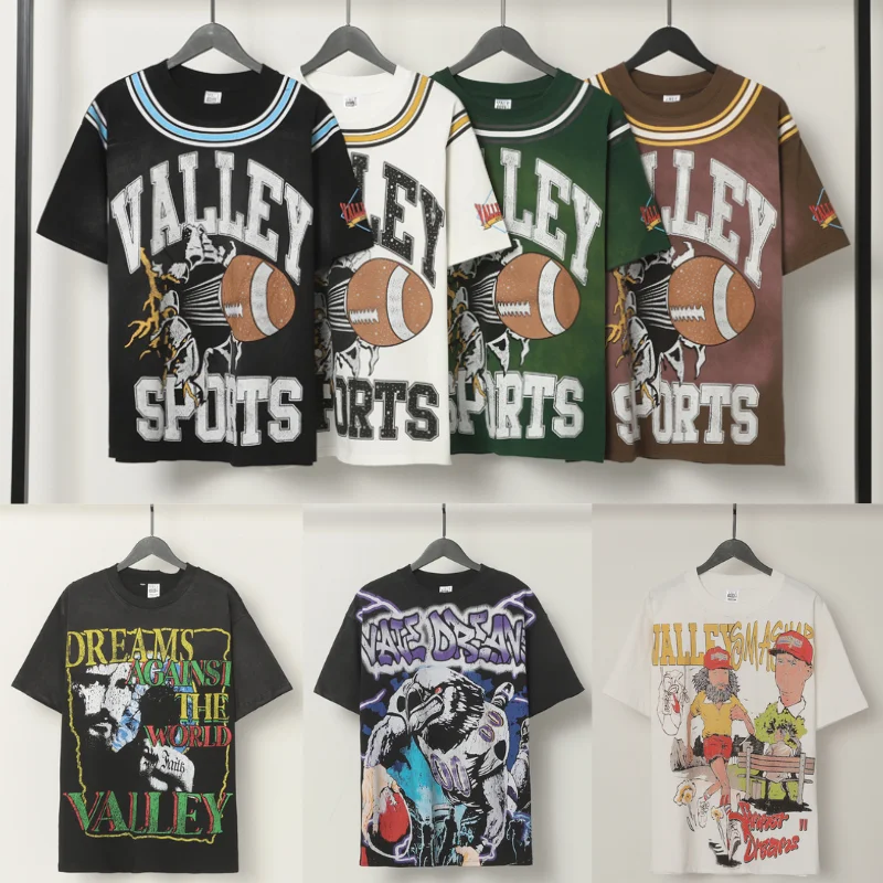 Летние американские футболки VALLEY, винтажная мужская и женская свободная повседневная хлопковая футболка с короткими рукавами и принтом букв 
Летние американские футболки VALLEY, винтажная мужская и женская свободная повседневная хлопковая футболка с короткими рукавами и принтом букв