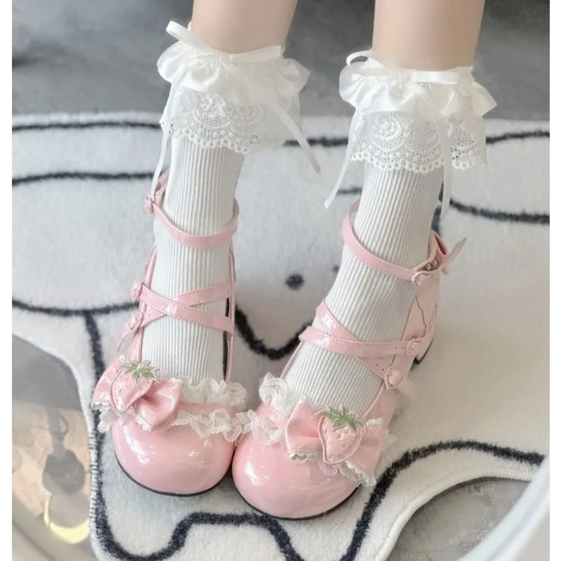 Women's Sweet Lolita Mary Janes Strawberry Bow Lace Chunky Block Heel Shoes Kawaii Dress Shoes 메리제인슈즈 Size 35-40 Туфли Лолита
Women's Sweet Lolita Mary Janes Strawberry Bow Lace Chunky Block Heel Shoes Kawaii Dress Shoes 메리제인슈즈 Size 35-40 Туфли Лолита