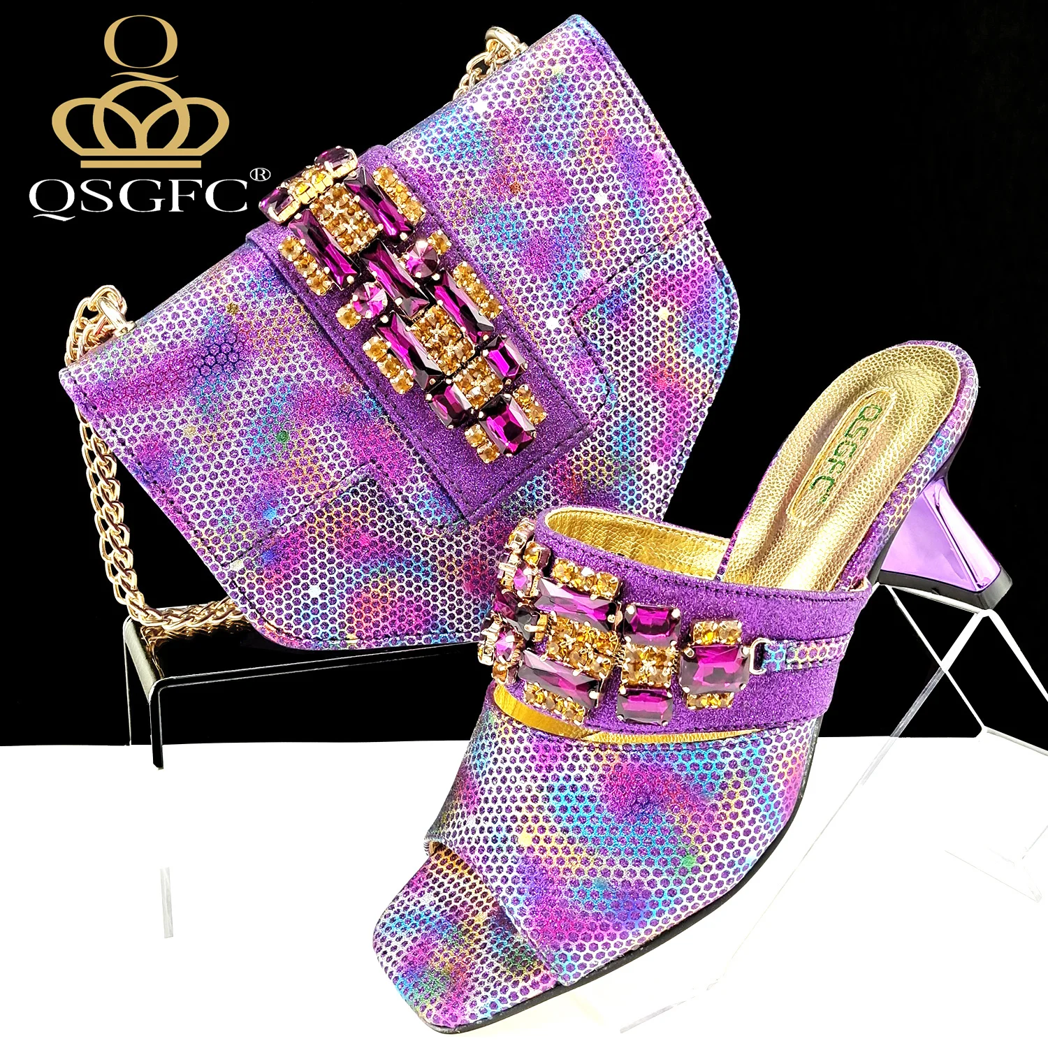 New Colorful Rhinestone Decoration and Metal Strange Heel Design Mature Style Purple Color Party Peep Toe Lady Shoes and Bag Set
New Colorful Rhinestone Decoration and Metal Strange Heel Design Mature Style Purple Color Party Peep Toe Lady Shoes and Bag Set