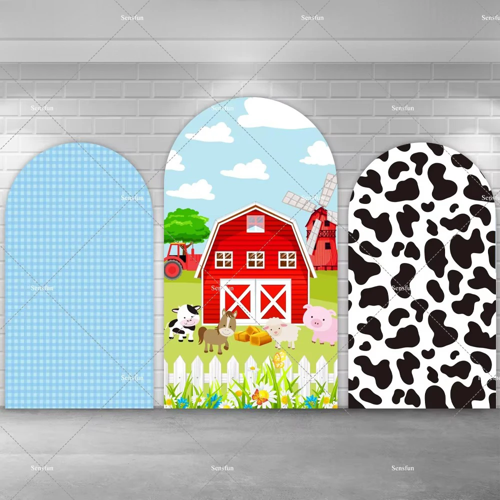 Boys Farm Birthday Party Arch Backdrop Cow Print Red Barn House Cartoon Animals Arched Wall Background Blue Plaid Photo Studio
Boys Farm Birthday Party Arch Backdrop Cow Print Red Barn House Cartoon Animals Arched Wall Background Blue Plaid Photo Studio