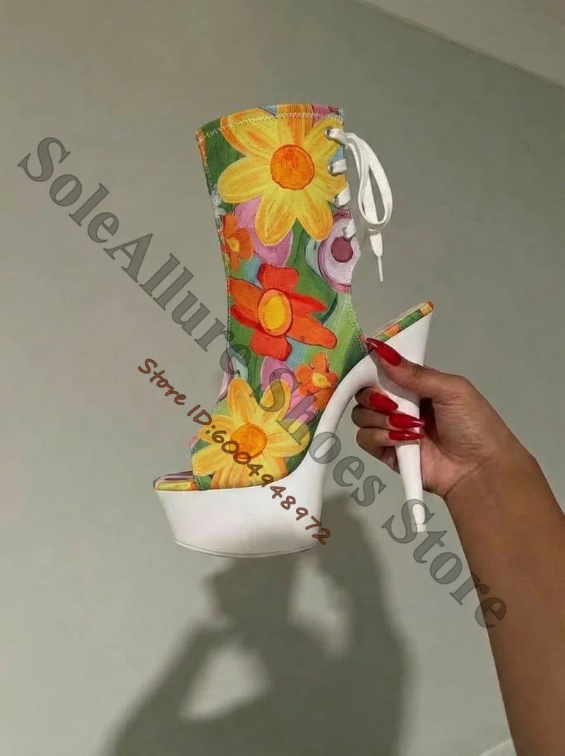 Vibrant Floral Print Calf High Platform Ankle Boots Open Toe Rear Lace Up Thin Stiletto Heel Sandal Booties Summer Vacation Boot
Vibrant Floral Print Calf High Platform Ankle Boots Open Toe Rear Lace Up Thin Stiletto Heel Sandal Booties Summer Vacation Boot