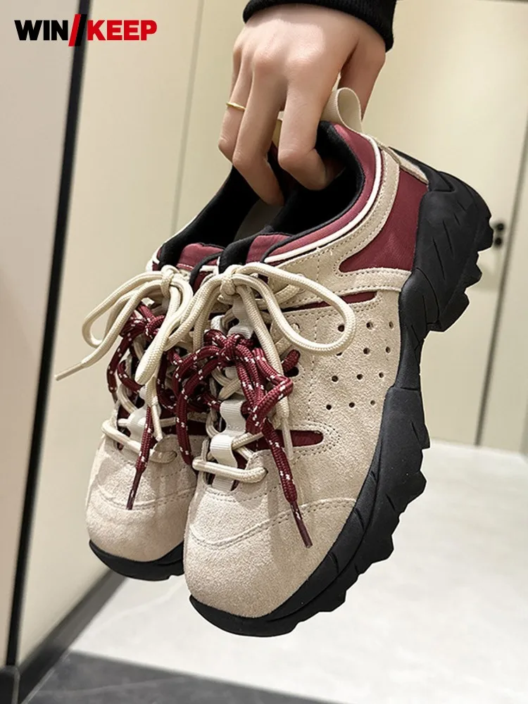 Women Outdoor Antiskid Platform Hiking Shoes Spliced Real Cow Suede Leather Camping Sports Sneakers Female Lace Up Mixed Color
Women Outdoor Antiskid Platform Hiking Shoes Spliced Real Cow Suede Leather Camping Sports Sneakers Female Lace Up Mixed Color