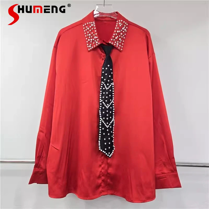 Fashion 3D Rhinestone Tie Shirts Women 2026 Spring New High Street Tops Feminine Long Sleeve Lapel Elegant Loose Comfort Shirts
Fashion 3D Rhinestone Tie Shirts Women 2026 Spring New High Street Tops Feminine Long Sleeve Lapel Elegant Loose Comfort Shirts