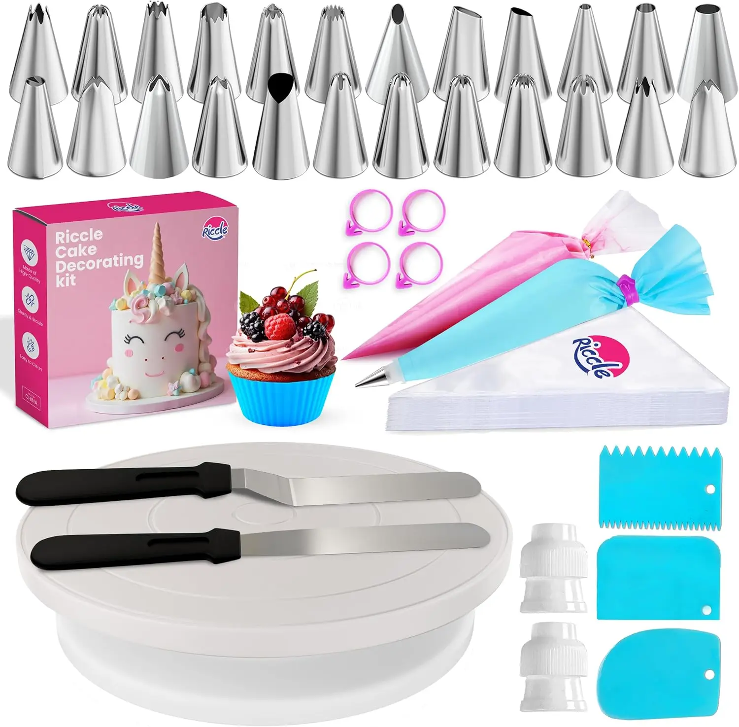 94 Pcs Cake Decorating Kit with Turntable - 50 Disposable & 2 Reusable Bags, 24 Tips, 2 Spatulas, 3 Scrapers, 6 Liners
94 Pcs Cake Decorating Kit with Turntable - 50 Disposable & 2 Reusable Bags, 24 Tips, 2 Spatulas, 3 Scrapers, 6 Liners