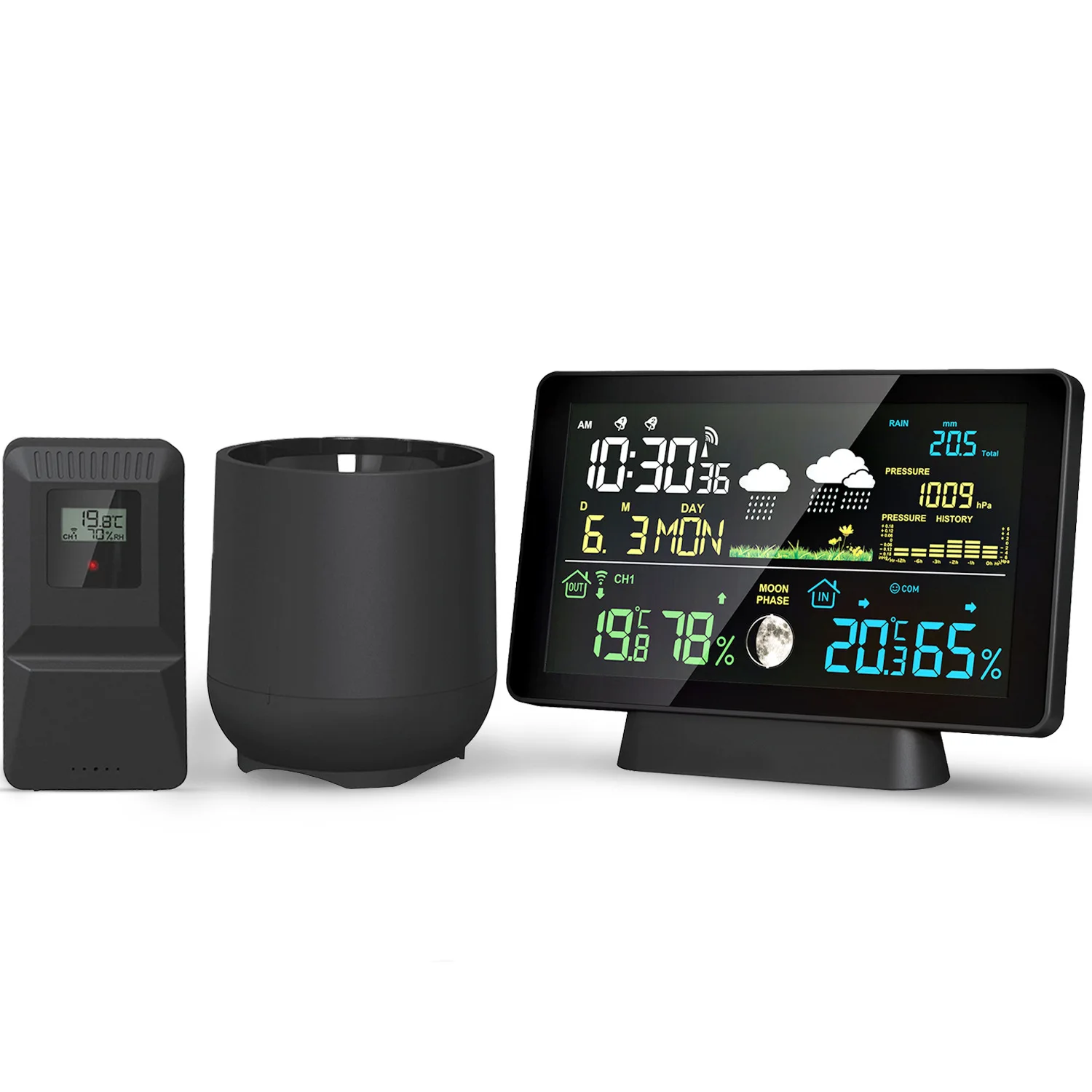 Rainfall thermometer, barometric moon phase, electronic digital weather forecast alarm clock, weather clock
Rainfall thermometer, barometric moon phase, electronic digital weather forecast alarm clock, weather clock