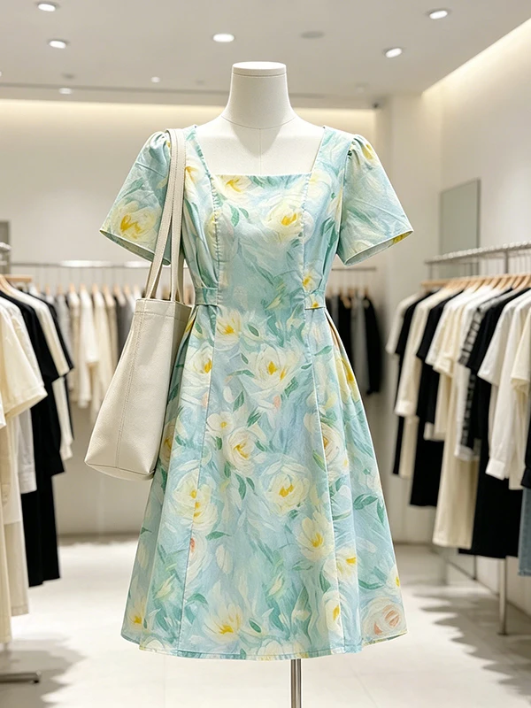 Summer New Style Women's Short Sleeve Dress Slimming Waist Square Collar Oil Painting Style Midi Dress Breathable Soft Fabric
Summer New Style Women's Short Sleeve Dress Slimming Waist Square Collar Oil Painting Style Midi Dress Breathable Soft Fabric