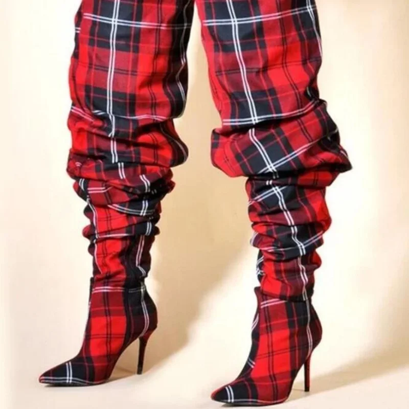 Red Plaid Pleated Over The Knee Boots Pointed Toe Stretch Loosed Tight High Boots Plus Size 46 Cover Heels Club Dress Shoes
Red Plaid Pleated Over The Knee Boots Pointed Toe Stretch Loosed Tight High Boots Plus Size 46 Cover Heels Club Dress Shoes