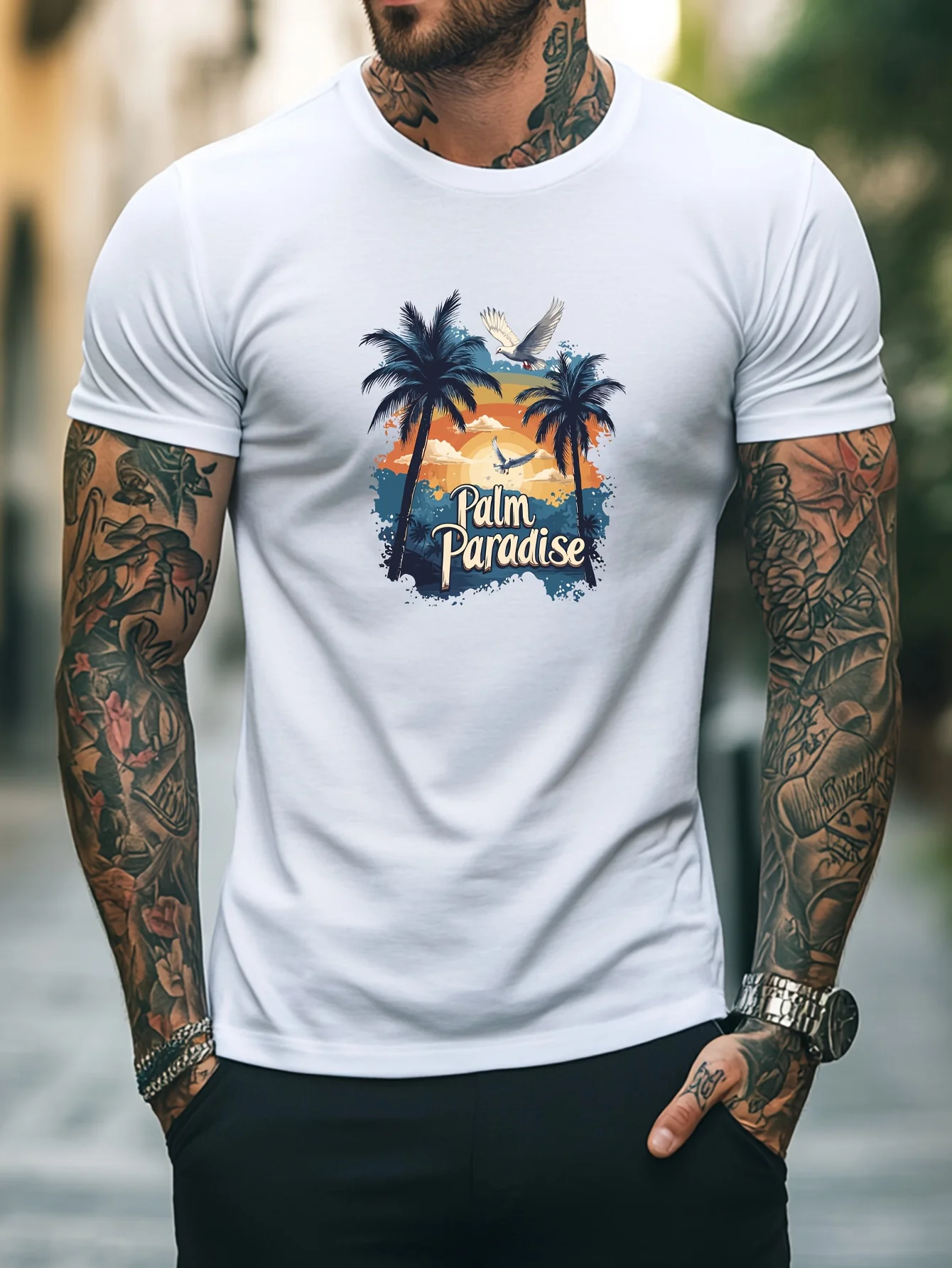 Men's 100% Cotton Casual T-Shirt, Crew Neck, Short Sleeve, Regular Fit, with Palm Paradise Print, for Daily & Weekend Wear, Outd
Men's 100% Cotton Casual T-Shirt, Crew Neck, Short Sleeve, Regular Fit, with Palm Paradise Print, for Daily & Weekend Wear, Outd