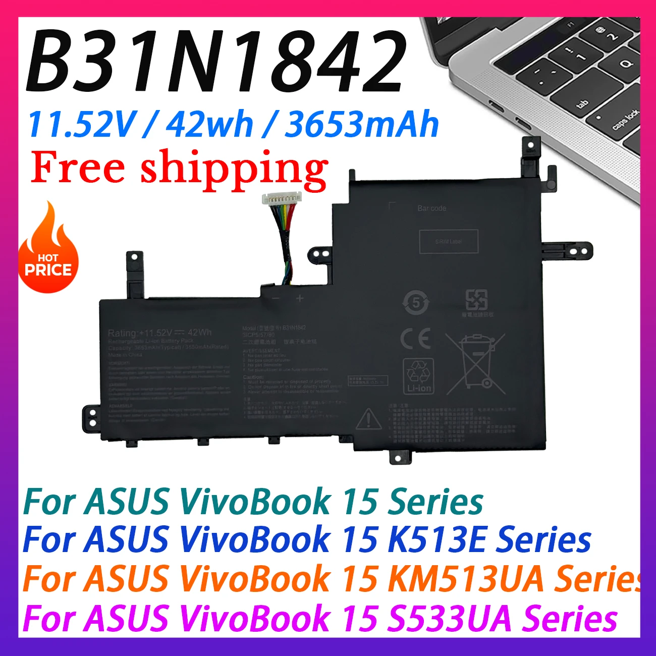 Новый аккумулятор B31N1842 для ноутбука ASUS VivoBook V5050E V5100E S5500F M5100U FL8800I V531F V531FL X531F X531FA S531F S531FA S531FL
Новый аккумулятор B31N1842 для ноутбука ASUS VivoBook V5050E V5100E S5500F M5100U FL8800I V531F V531FL X531F X531FA S531F S531FA S531FL